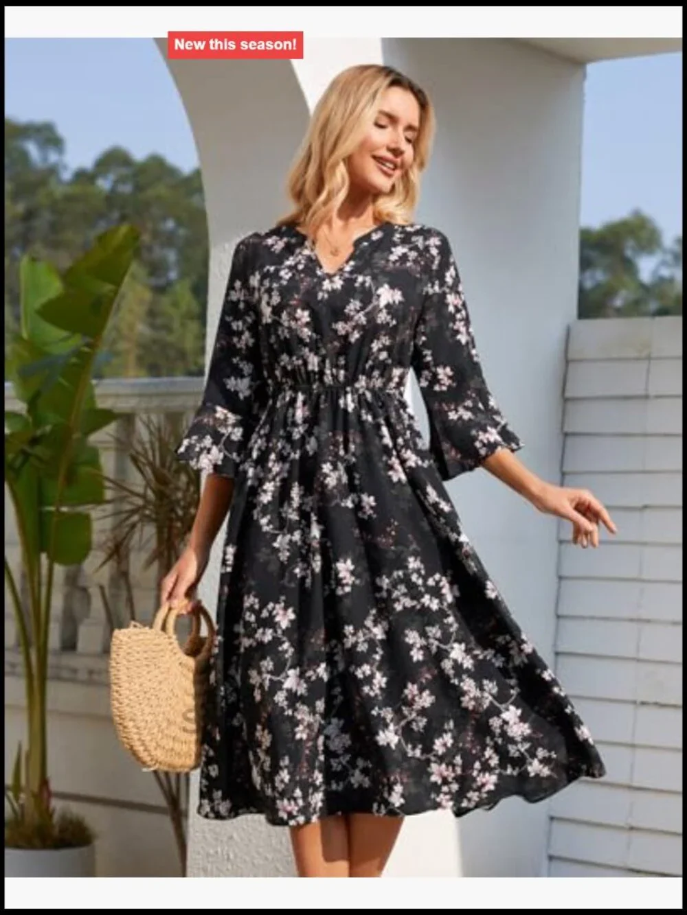 Women's V Neck 3/4 Sleeve Chiffon Floral Midi Dress Casual